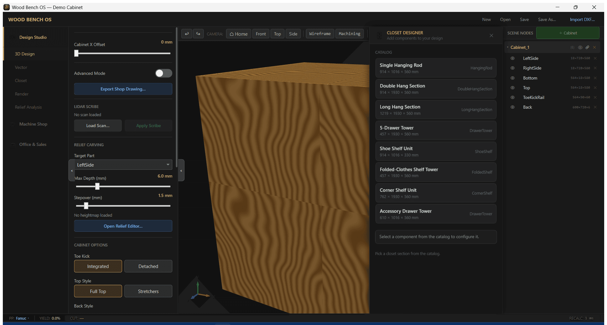 WoodBench OS — 3D parametric cabinet design workspace showing a kitchen layout with cabinet assembly, property panels, and BOM cost summary