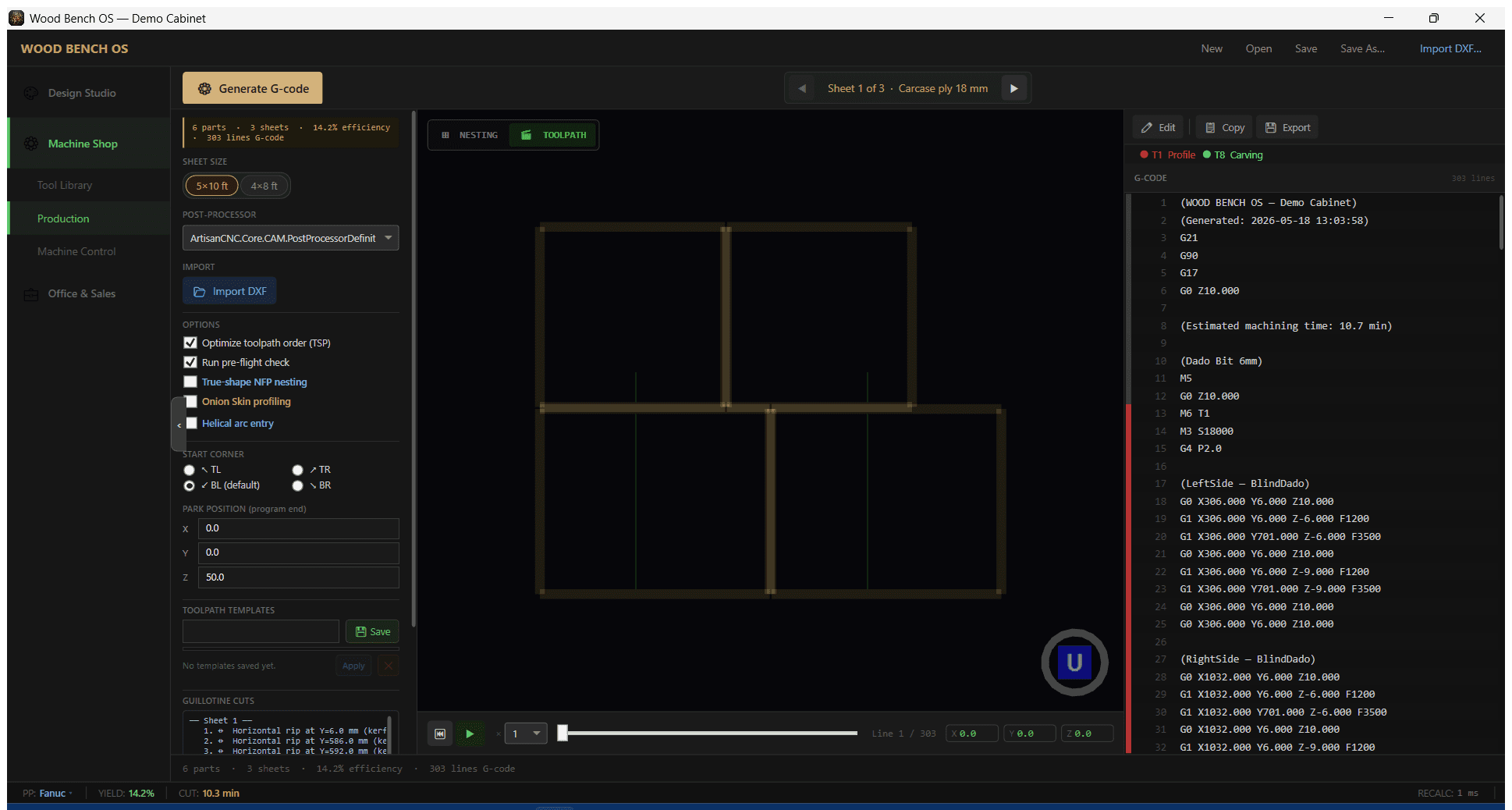 WoodBench OS production tab showing true-shape nesting layout with grain-matched panels, sheet utilisation stats, and G-code viewer