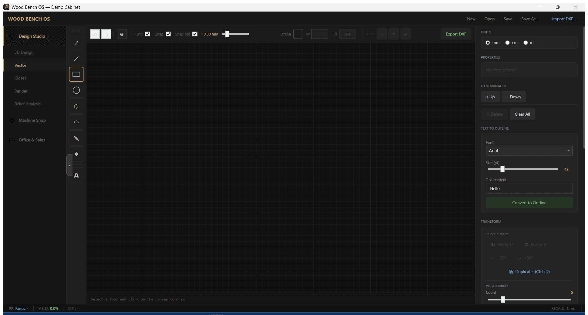 WoodBench OS vector design canvas with node editing tools, CAD shapes, and DXF import panel